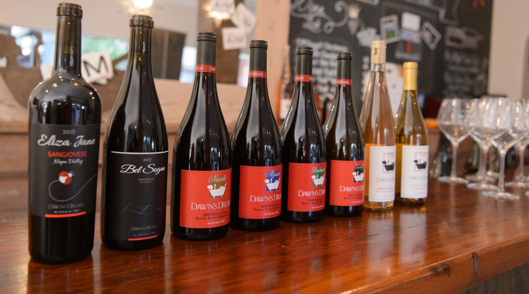 Wine bottles lined up on a wine bar