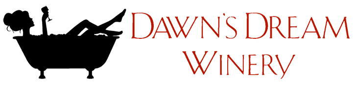 Silhouette of a woman relaxing in a bathtub holding a glass, with the text Dawns Dream Winery beside her.
