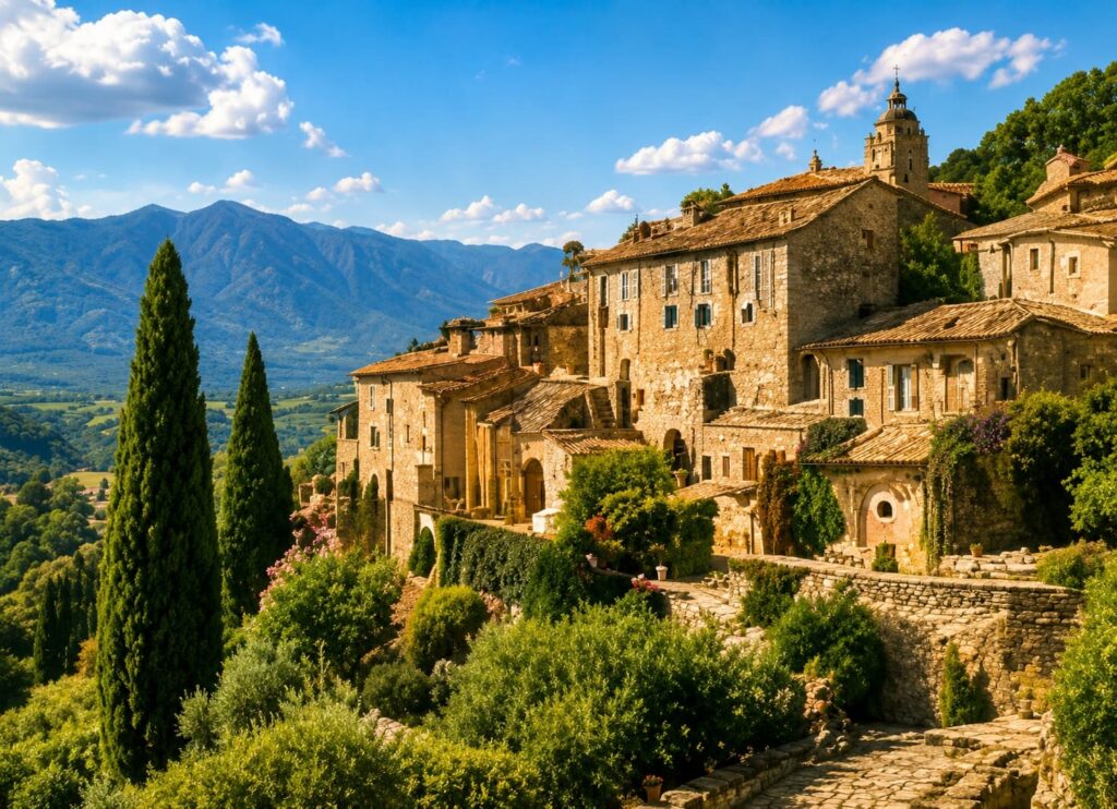 Medieval stone village on a hill with lush greenery and mountains in the background under a blue sky.