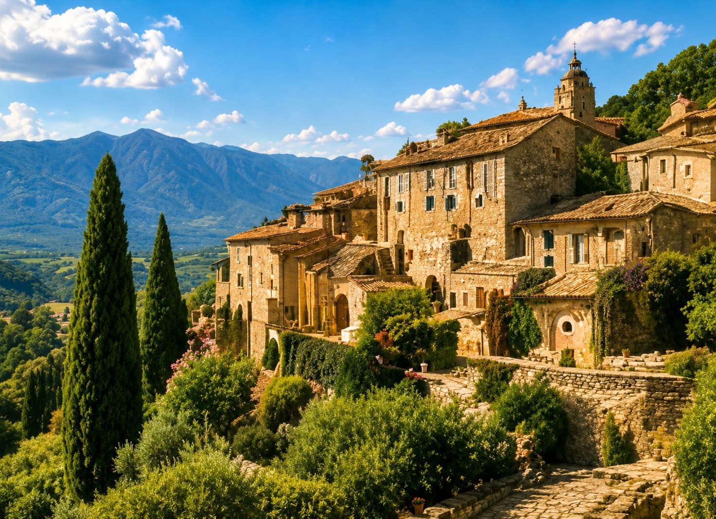 Medieval stone village on a hill with lush greenery and mountains in the background under a blue sky.