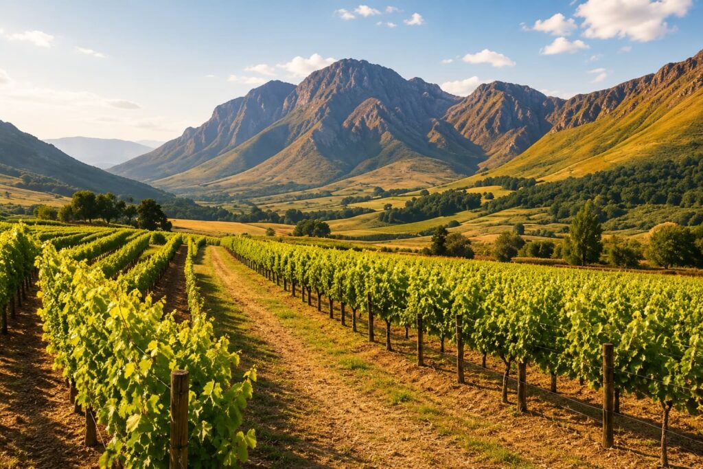 Rows of grapevines in a vineyard with mountains and blue sky in the background.
