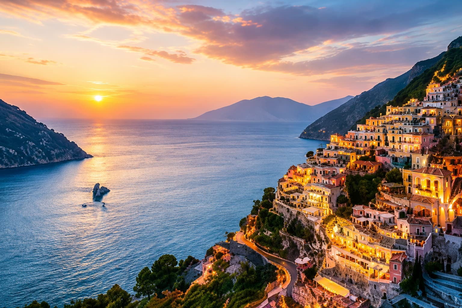 Colorful hillside buildings in Positano, Italy at sunset, overlooking the sea with mountains in the background.