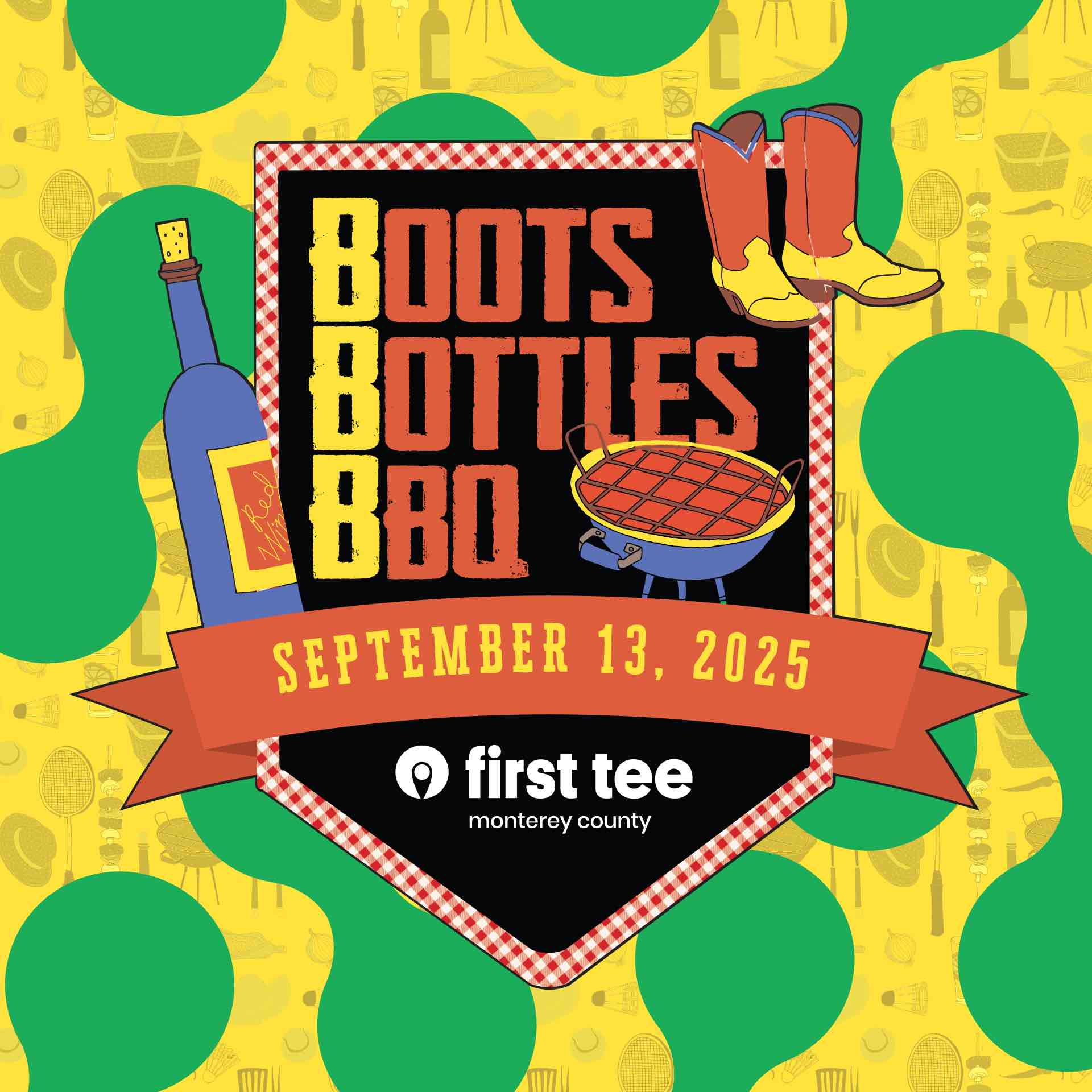 Event poster with boots, bottles, and BBQ grill, promoting Boots Bottles BBQ on September 13, 2025.