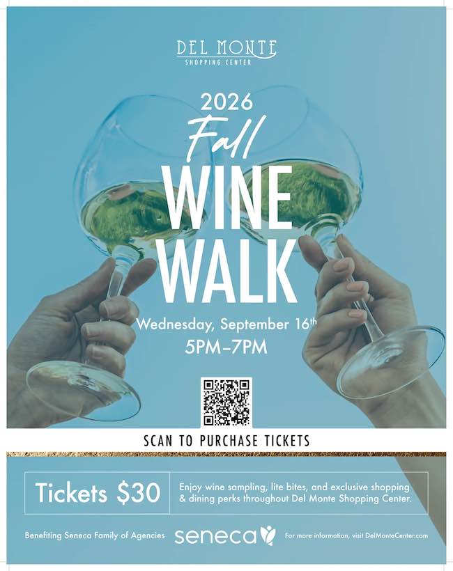 Two hands clink wine glasses to promote the 2026 Fall Wine Walk event at Del Monte Shopping Center.