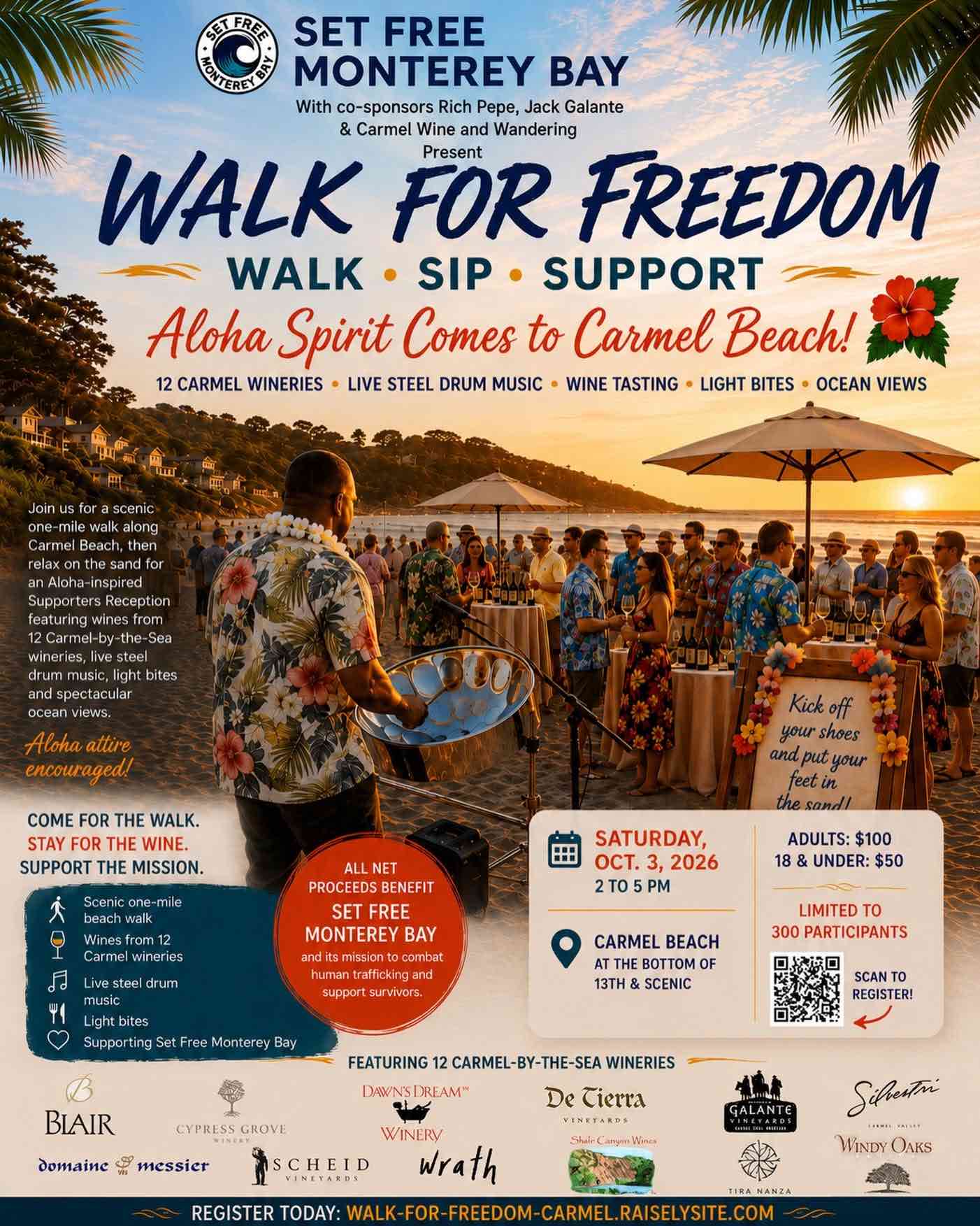 People gather at a scenic beach event at sunset with wine tasting, music and a Walk for Freedom banner.