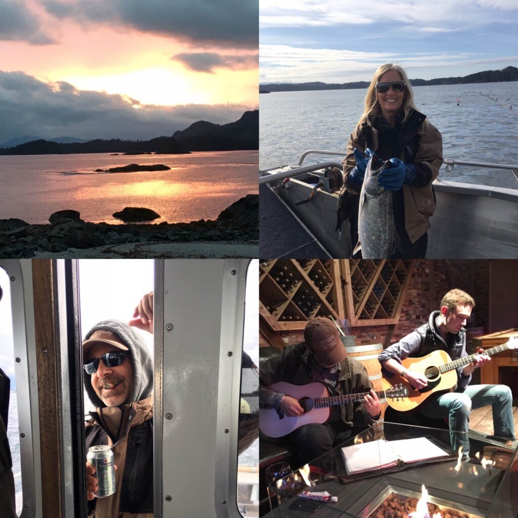 Four photos: a sunset over water, a woman with a fish, a man with a drink, and two people playing guitars.
