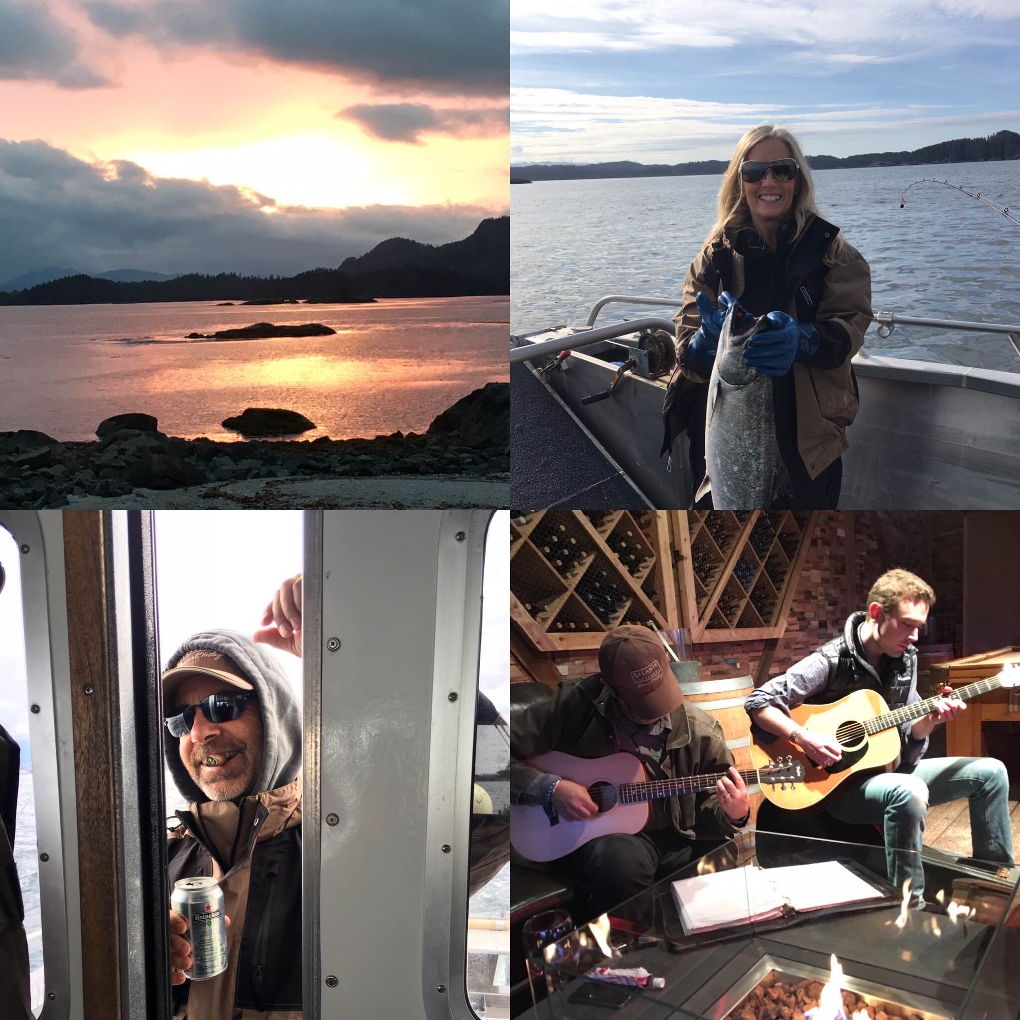 Four photos: a sunset over water, a woman with a fish, a man with a drink, and two people playing guitars.