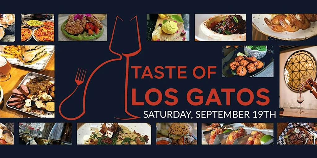 Taste of Los Gatos event poster with food photos, a wine glass outline, and the event date: September 19th.