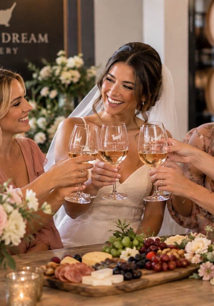 Five women, including a bride, toast with wine at a decorated table with flowers and a Future Mrs. sign.