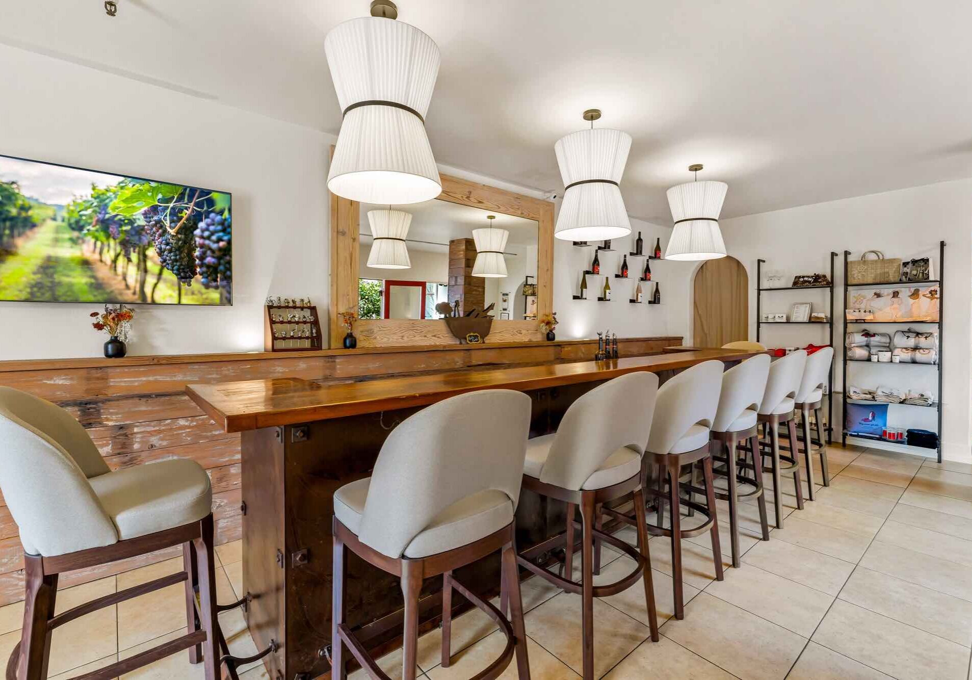 Modern wine bar with cushioned stools, pendant lights, and wine bottles displayed on shelves with a vineyard photo on TV.